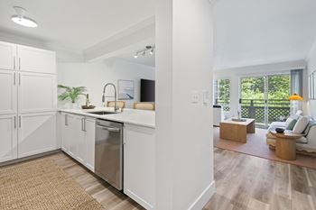 A modern kitchen with white cabinets and a stainless steel dishwasher.